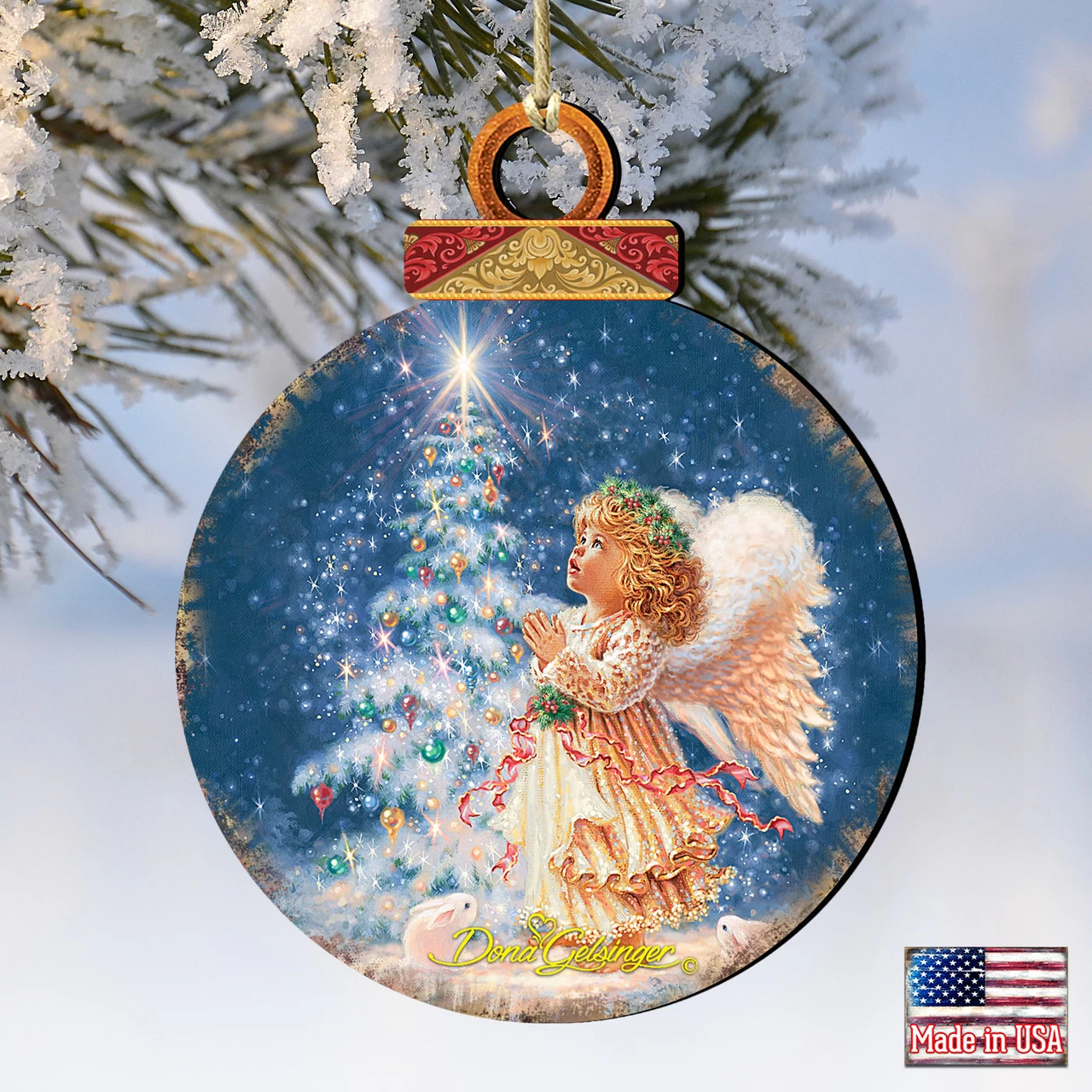 Set Of 2 Angel Wish Round Wooden Christmas Ornaments 5.5" 6 Set Of 2 Angel Wish Round Wooden Christmas Ornaments 5.5" - Image 4