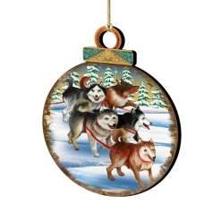 Set Of 2 Adorable Huskies Wooden Christmas Ornaments 5.5"