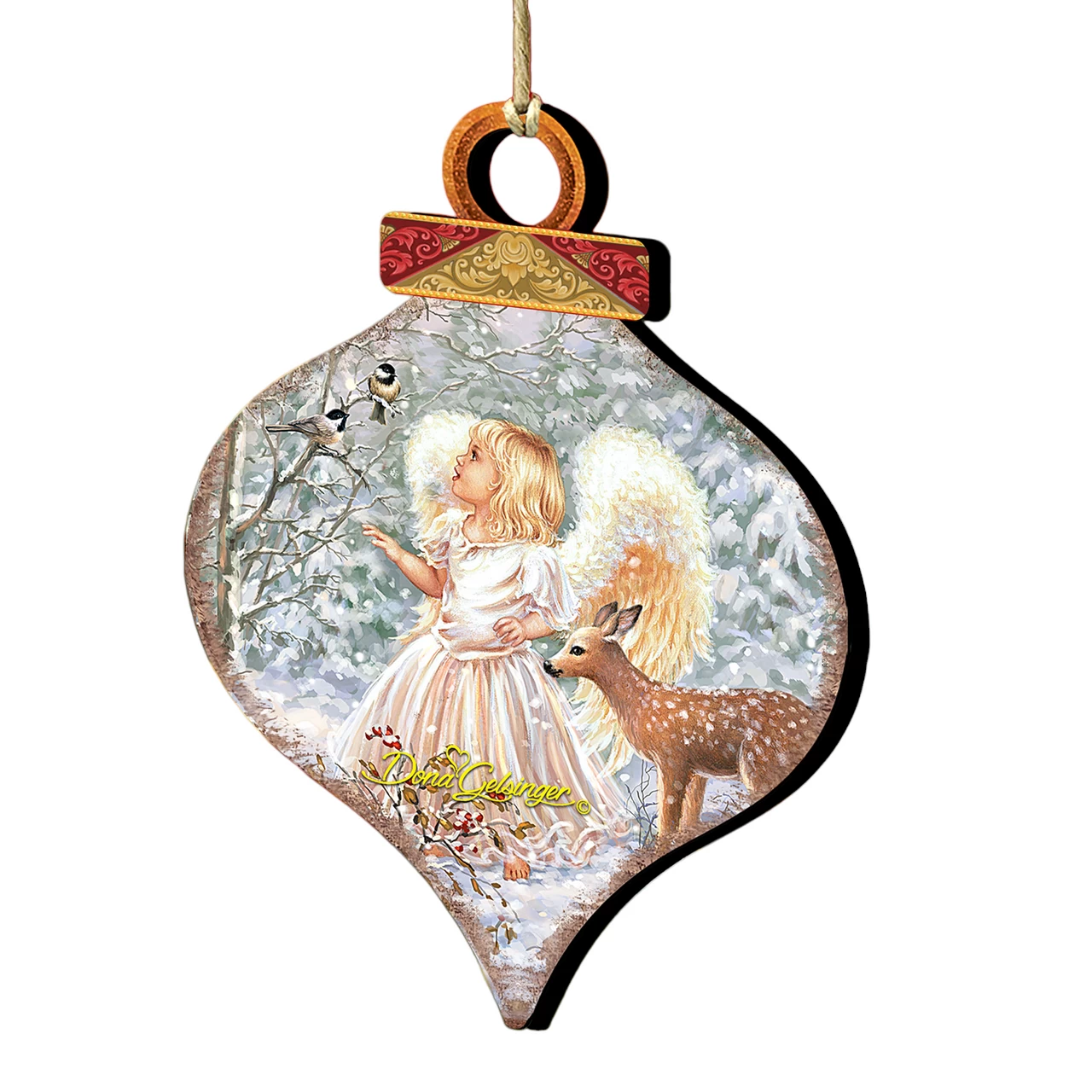 Set Of 2 Angel With Friends In The Woodland Onion Shaped Wooden Christmas Ornaments 5.5" 3 Set Of 2 Angel With Friends In The Woodland Onion Shaped Wooden Christmas Ornaments 5.5"