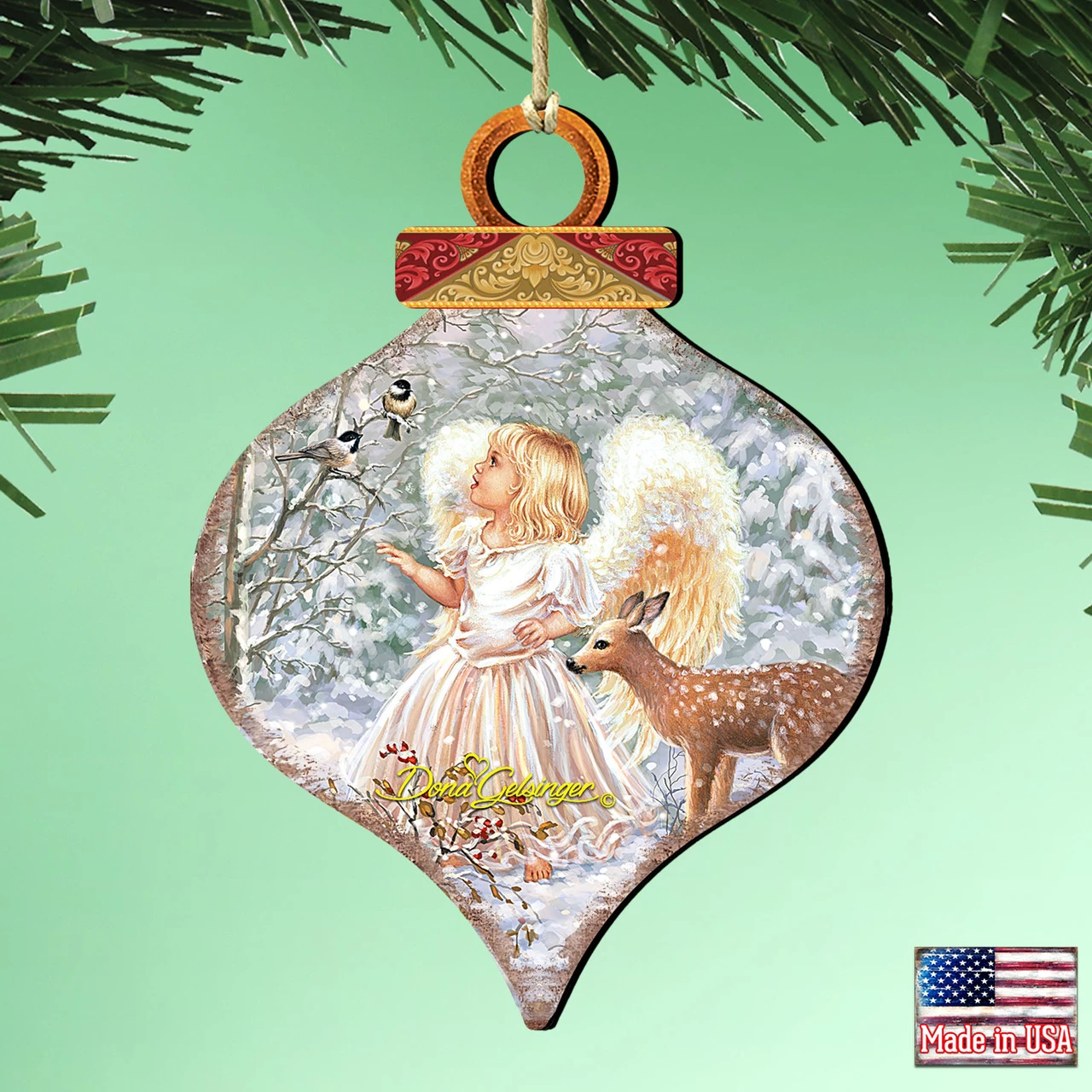 Set Of 2 Angel With Friends In The Woodland Onion Shaped Wooden Christmas Ornaments 5.5" 4 Set Of 2 Angel With Friends In The Woodland Onion Shaped Wooden Christmas Ornaments 5.5" - Image 2
