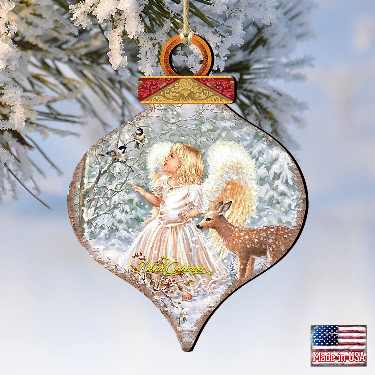 Set Of 2 Angel With Friends In The Woodland Onion Shaped Wooden Christmas Ornaments 5.5" 6 Set Of 2 Angel With Friends In The Woodland Onion Shaped Wooden Christmas Ornaments 5.5" - Image 4