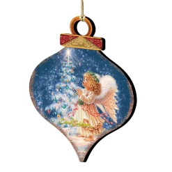 Set Of 2 Angel Wish Onion Shaped Wooden Christmas Ornaments 5.5"