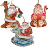 Set Of 3 Santa Animal Rides Wooden Christmas Ornaments 5.5"