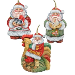 Set Of 3 Santa Claus Pets Wooden Christmas Ornaments 5.5"