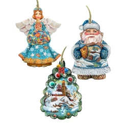 Set Of 3 Coastal Santa Christmas Tree And Angel Wooden Ornaments 5.5"