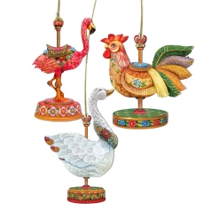 Set Of 3 Floral Carousel Animals Wooden Christmas Ornaments 5.5"