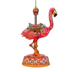 Set Of 2 Carousel Flamingo WoodenChristmas Ornaments 5.5"