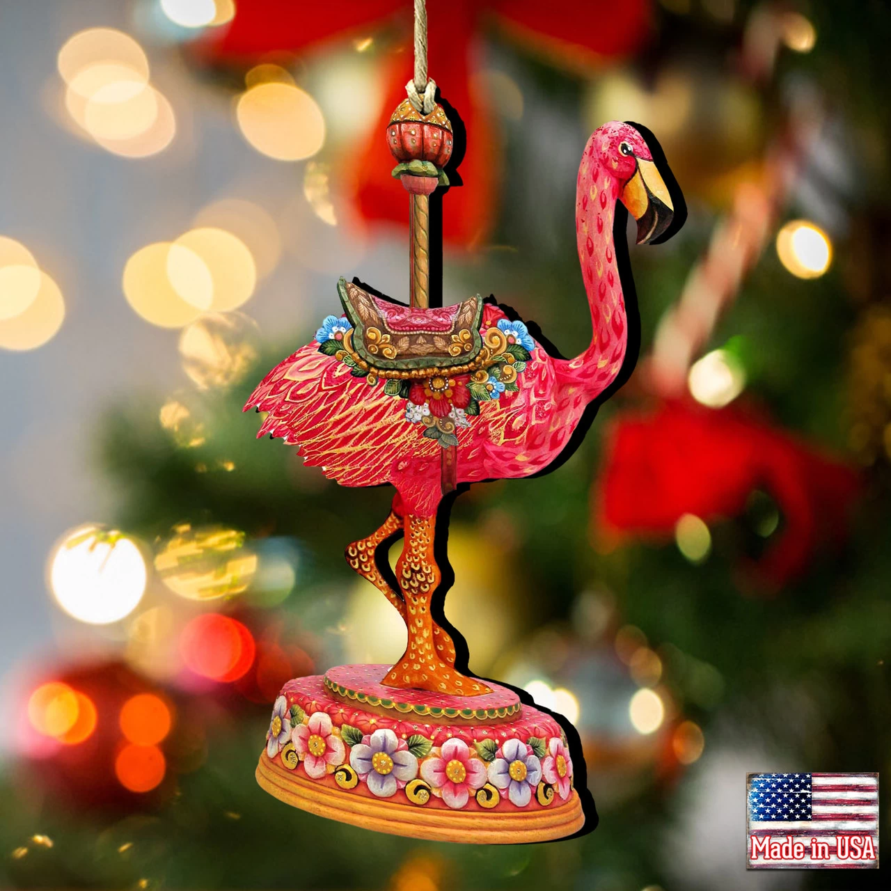 Set Of 2 Carousel Flamingo WoodenChristmas Ornaments 5.5" 4 Set Of 2 Carousel Flamingo WoodenChristmas Ornaments 5.5" - Image 2
