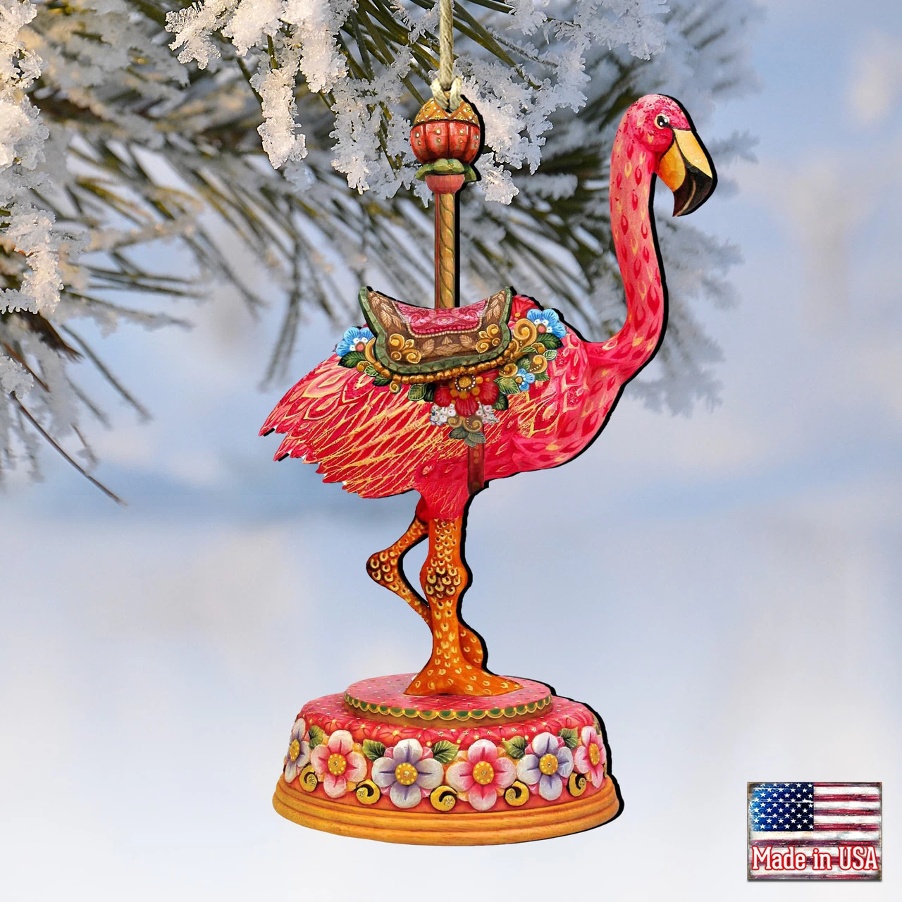 Set Of 2 Carousel Flamingo WoodenChristmas Ornaments 5.5" 6 Set Of 2 Carousel Flamingo WoodenChristmas Ornaments 5.5" - Image 4