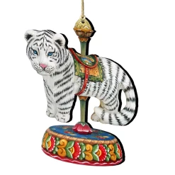 Set Of 2 Tiger Carousel Wooden Christmas Ornaments 5.5"