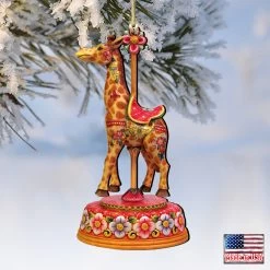 Set Of 2 Floral Giraffe Carousel Wooden Christmas Ornaments 5.5" -Christmas Decoration Store 8114048 4 59837.1667549787