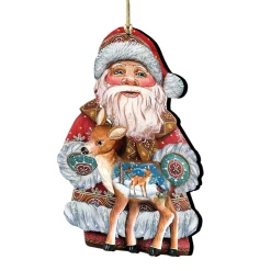 Set Of 2 Santa Claus Fawn Wooden Christmas Ornaments 5.5"