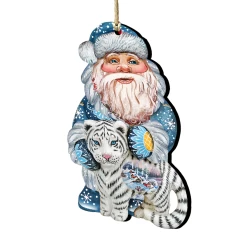 Set Of 2 Winter Santa White Tiger Wooden Christmas Ornaments 5.5"