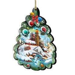 Set Of 2 Lighthouse Christmas Tree Wooden Ornaments 5.5"