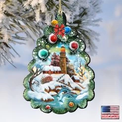Set Of 2 Lighthouse Christmas Tree Wooden Ornaments 5.5" -Christmas Decoration Store 8119185 4 06775.1667549910