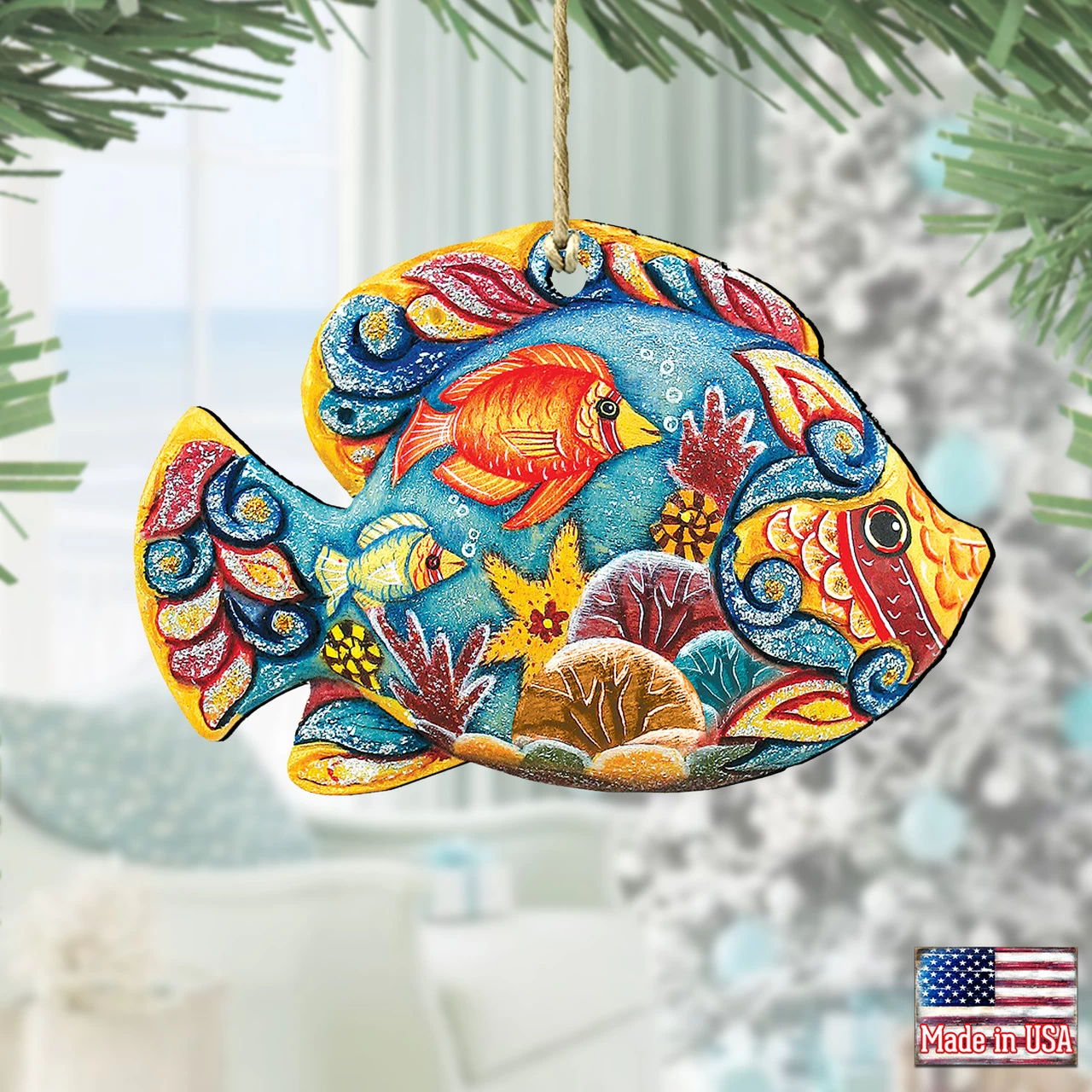 Set Of 2 Vivid Tropical Fish Wooden Christmas Ornaments 5.5" 4 Set Of 2 Vivid Tropical Fish Wooden Christmas Ornaments 5.5" - Image 2