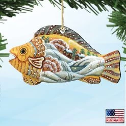 Set Of 2 Coastal Natural Fish Wooden Christmas Ornaments 5.5" -Christmas Decoration Store 8126132 4 18936.1667533774