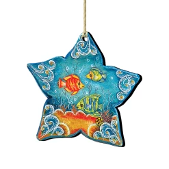 Set Of 2 Sea Star Seaside Wooden Christmas Ornaments 5.5"