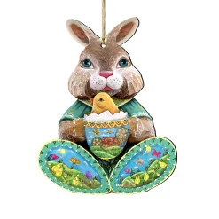 Set Of 2 Easter Bunny Egg With A Chick Wooden Christmas Ornaments 5.5"