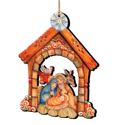Set Of 2 Nativity House Scene Wooden Christmas Ornaments 5.5"