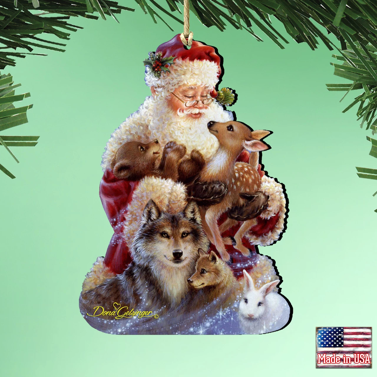 Set Of 2 Santa With Forest Friends Wooden Christmas Ornaments 5.5" 4 Set Of 2 Santa With Forest Friends Wooden Christmas Ornaments 5.5" - Image 2