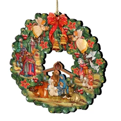 Set Of 2 Nativity Wreath Wooden Christmas Ornaments 5.5"