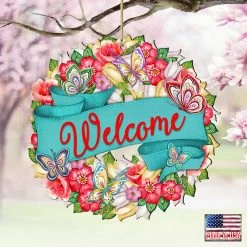 Set Of 2 Butterfly Floral Wreath "Welcome" Wooden ChristmasOrnaments 5.5" -Christmas Decoration Store 8185316 4 73661.1667549643