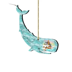 Set Of 2 Whale Beach Scene Wooden Christmas Ornaments 5.5"