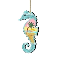 Set Of 2 Seahorse Beach Scene Wooden Christmas Ornaments 5.5"