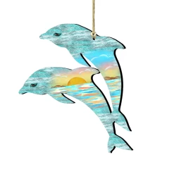 Set Of 2 Dolphins Beach Scene Wooden Christmas Ornaments 5.5"