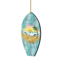 Set Of 2 Surfboard Beach Scene Wooden Christmas Ornaments 5.5"