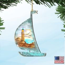Set Of 2 Boat Lighthouse Beach Scene Wooden Christmas Ornaments 5.5" -Christmas Decoration Store 8198524 4 60823.1667549686
