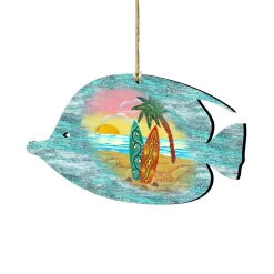 Set Of 2 Fish Beach Scene Wooden Christmas Ornaments 5.5"