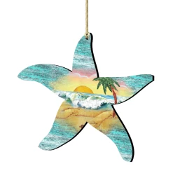 Set Of 2 Starfish Beach Scene Wooden Christmas Ornaments 5.5"