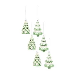 Set Of 6 Green And White Glass Christmas Tree Ornaments 5.75"