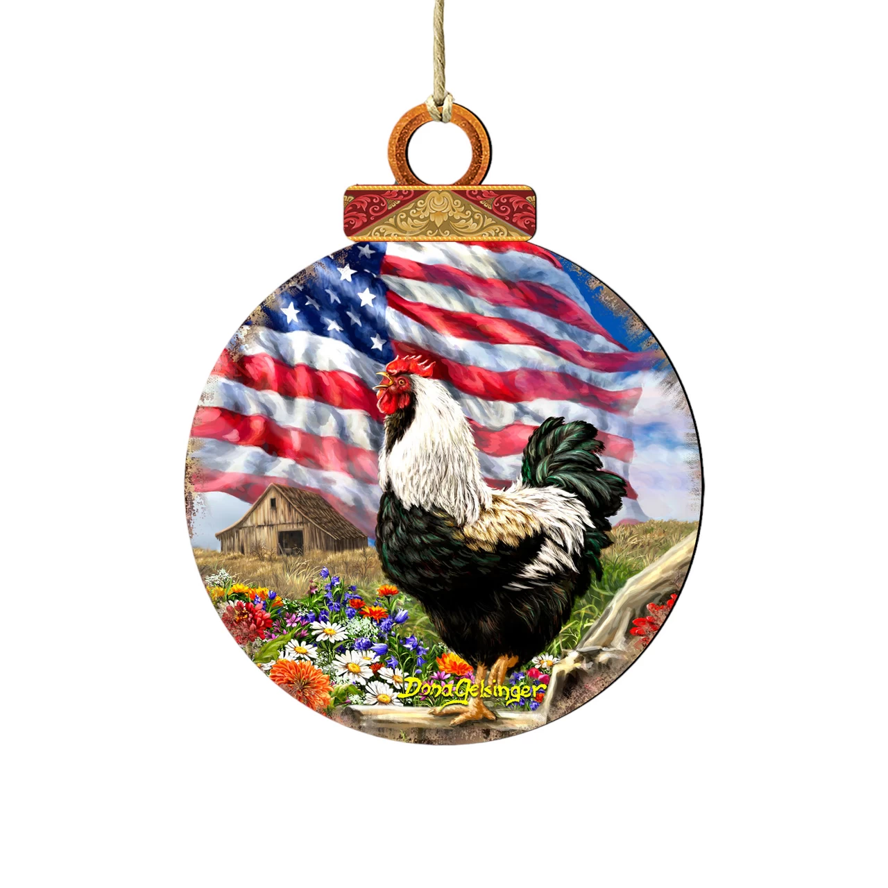 Set Of 2 Rooster American Flag Wooden Christmas Ornaments 5.5" 3 Set Of 2 Rooster American Flag Wooden Christmas Ornaments 5.5"