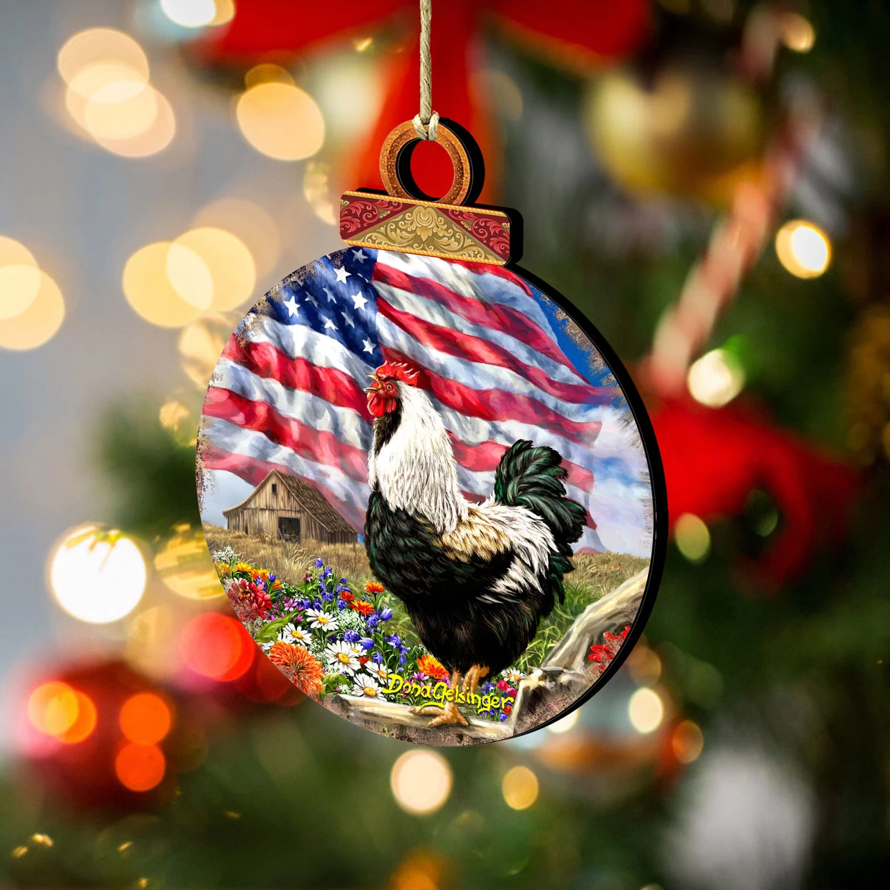 Set Of 2 Rooster American Flag Wooden Christmas Ornaments 5.5" 4 Set Of 2 Rooster American Flag Wooden Christmas Ornaments 5.5" - Image 2