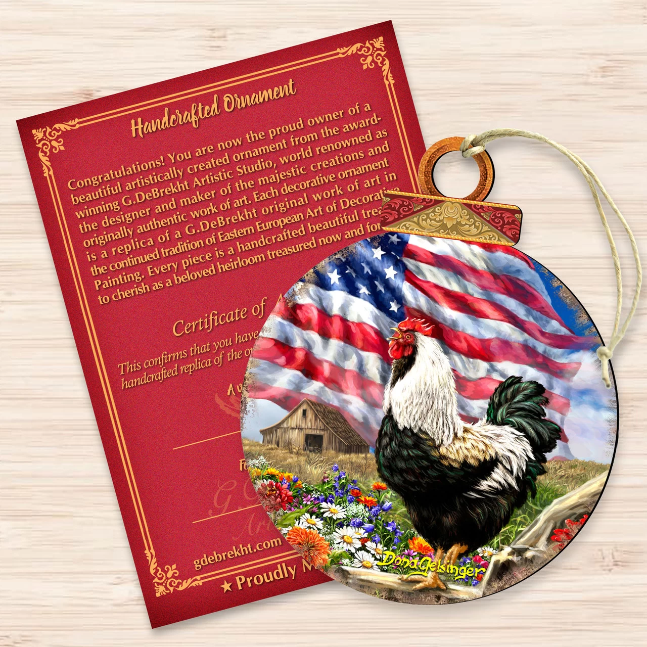 Set Of 2 Rooster American Flag Wooden Christmas Ornaments 5.5" 5 Set Of 2 Rooster American Flag Wooden Christmas Ornaments 5.5" - Image 3