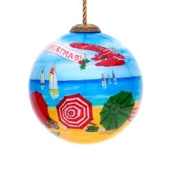 3” Blue And Yellow Christmas Beach Umbrella Hand Painted Glass Hanging Christmas Ornament