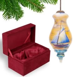 5” Blue And Yellow Sailing Boat Hand Painted Spire Shaped Mouth Blown Glass Hanging Christmas Ornament -Christmas Decoration Store dacf 1812005 4 53491.1667621011