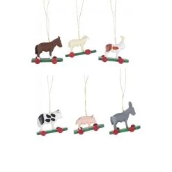 Set Of 6 Red, Green, And Brown Handcrafted Farm Animal Dregeno Easter Ornaments, 1.5"