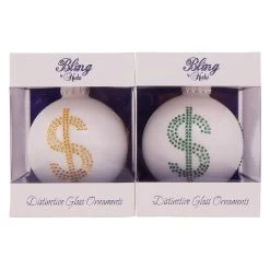 2ct Porcelain White Assorted Rhinestone Dollar Sign Christmas Ball Ornaments 3.25" (80mm)