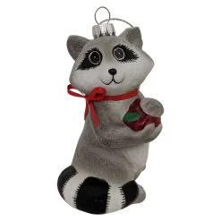 4" Gray And Black Racoon With Apple Figurine Christmas Ornament