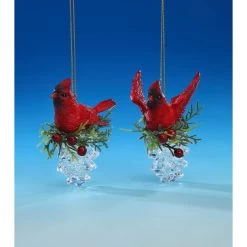 Set Of 4 Red And Green Cardinal Pine Cone Ornaments 3.25"