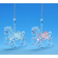 Set Of 8 Clear And Blue Carousel Horse Hanging Christmas Ornaments 9"