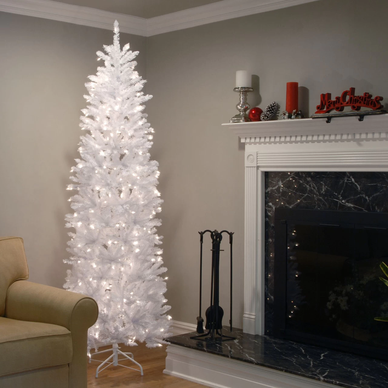7.5’ Pre-Lit Kingswood White Fir Pencil Artificial Christmas Tree - Clear Lights 4 7.5’ Pre-Lit Kingswood White Fir Pencil Artificial Christmas Tree - Clear Lights - Image 2