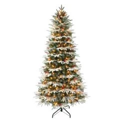 7.5' Pre-Lit Slim Flocked Halifax Fir Artificial Christmas Tree, Clear Lights