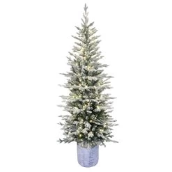 6' Pre-Lit Potted Flocked Arctic Fir Christmas Tree With Warm White LED Lights