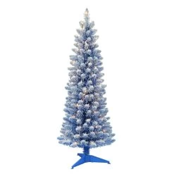 4.5' Pre-Lit Pencil Flocked Blue Artificial Christmas Tree, Clear Lights