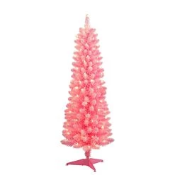 4.5' Pre-Lit Pencil Flocked Pink Artificial Christmas Tree, Clear Lights